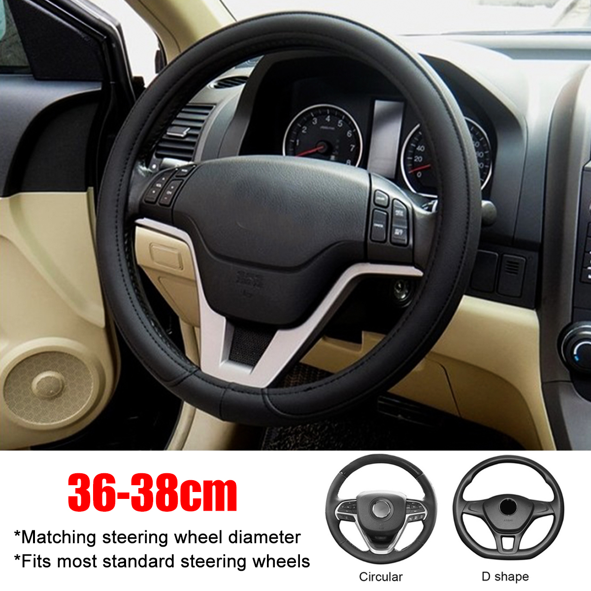 1pcs 15'' Car Steering Wheel Cover Black Leather PU Universal Fit