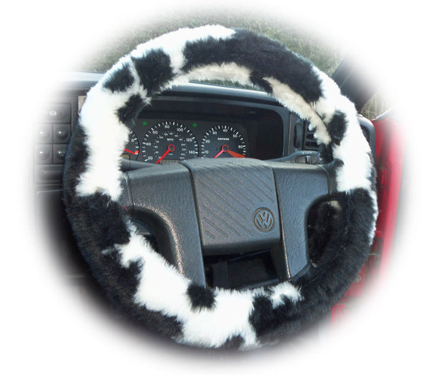 fuzzy black and white cow print steering wheel cover – Poppys Crafts