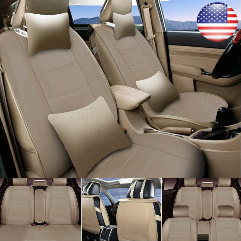 Synthetic Leather Beige Car Seat Covers Leather Feel Front Rear Full