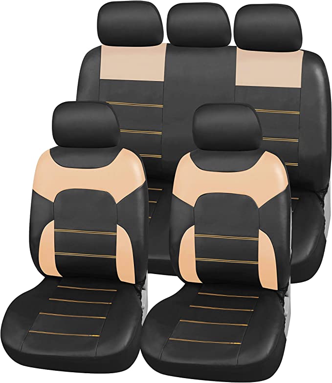 Upgrade4cars Car Seat Covers Leather Look Beige and Black Universal