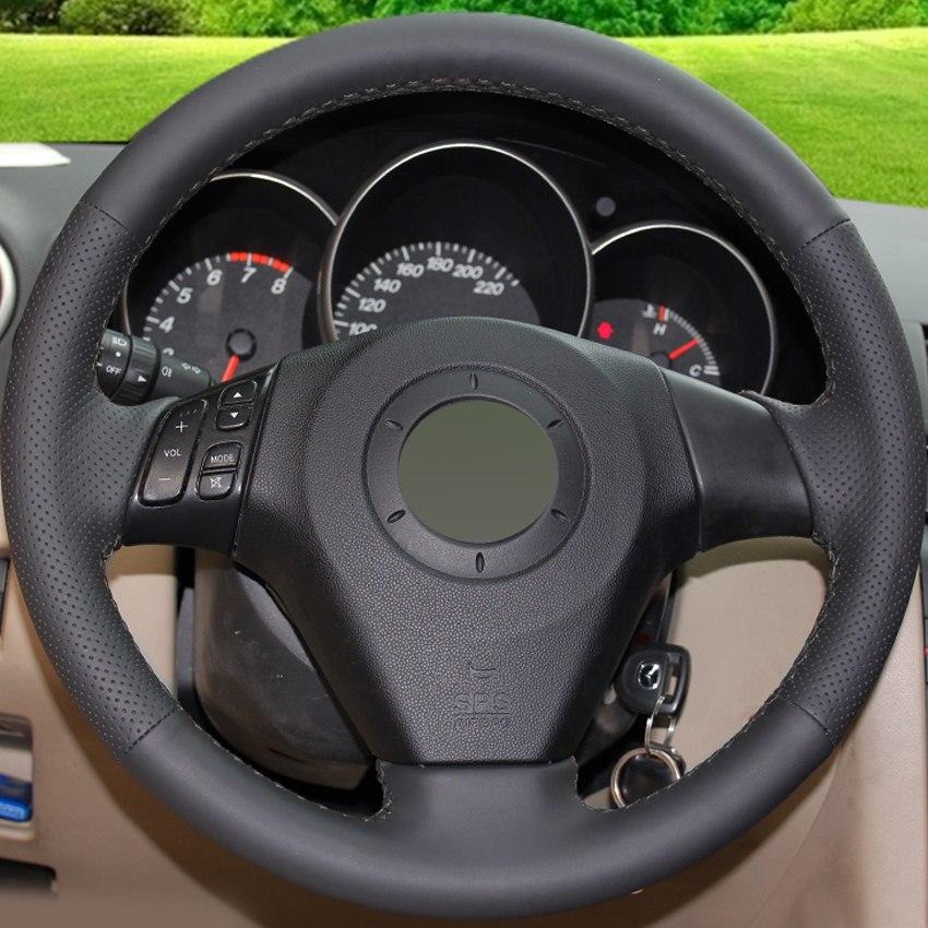 DIY Hand Stitched Black Genuine Leather Car Steering Wheel Cover For